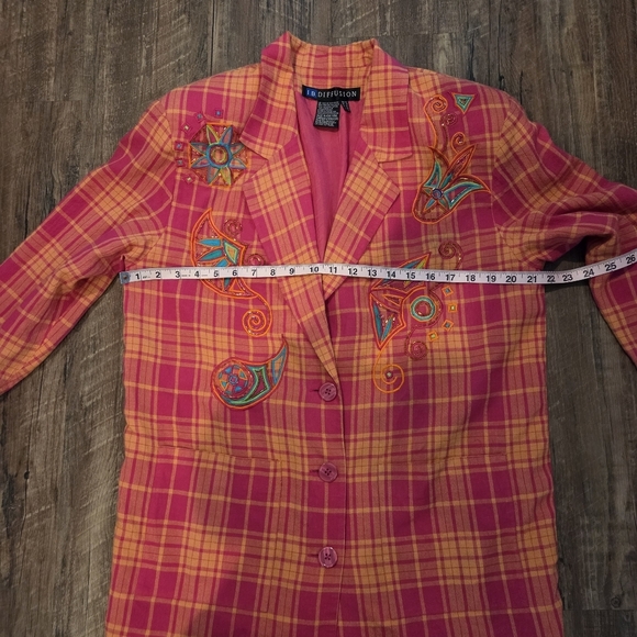 I.B. Diffusion Embroidered Plaid Blazer Jacket Size 10 Pink Orange Vintage 90s - Picture 10 of 14